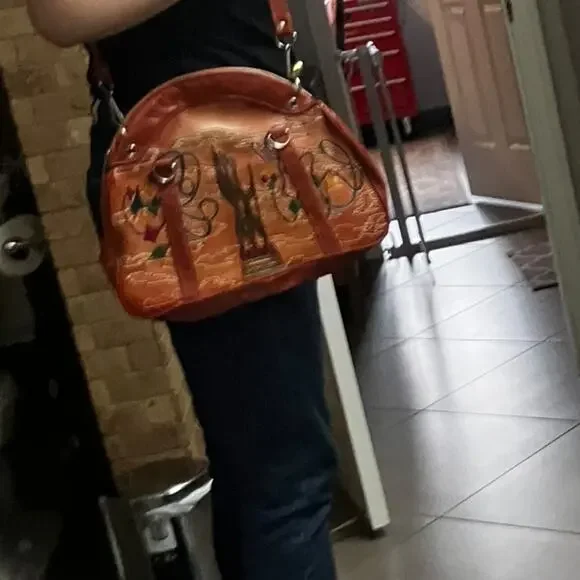 Vintage Tooled Leather Handbag Abstract Art Design Brown Shoulder Purse - Picture 6 of 8